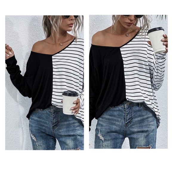 NEW•L-XL•TCB•Minimalist Chic Black & White Modern Style Statement Top - Picture 4 of 14